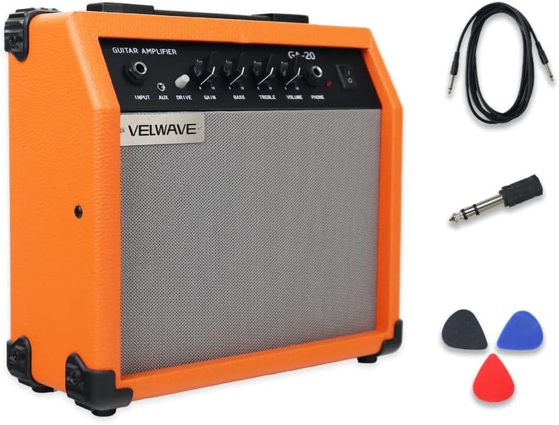 VELWAVE Electric Guitar Amplifier 20W Orange Portable Smart amp 6.5'' Speaker 6.5mm Input 3.5mm aux Drive gain bass Treble Volume and Headphone Jack Practice amp - Image 1